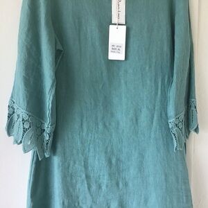 NWT Teal Linen Dress with Lace Trimmed Sleeves.